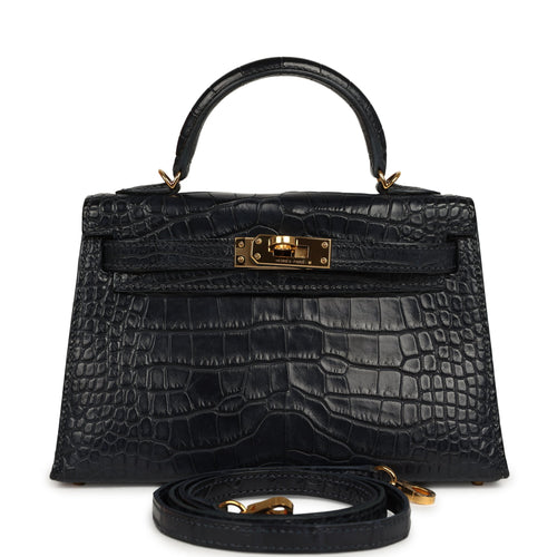 Pre-owned Hermes Kelly Sellier 20 Bleu Nuit Matte Alligator Gold Hardware
