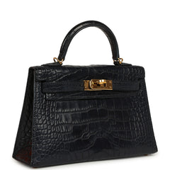 Pre-owned Hermes Kelly Sellier 20 Bleu Nuit Matte Alligator Gold Hardware