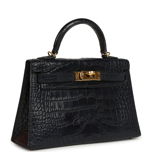 Pre-owned Hermes Kelly Sellier 20 Bleu Nuit Matte Alligator Gold Hardware
