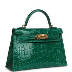 Pre-owned Hermes Kelly Sellier 20 Emerald Shiny Alligator Gold Hardware