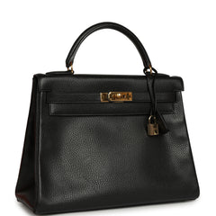 Vintage Hermes Kelly Retourne 32 Black Ardennes Gold Hardware