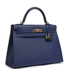 Hermes Kelly Sellier 32 Bleu Saphir Epsom Permabrass Hardware