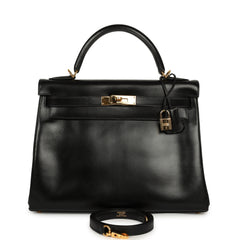 Vintage Hermes Kelly Retourne 32 Black Box Gold Hardware