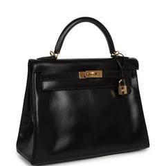 Vintage Hermes Kelly Retourne 32 Black Box Gold Hardware
