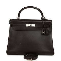 Vintage Hermes Kelly Retourne 32 Ebene Evergrain Palladium Hardware