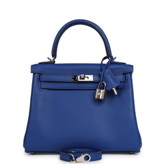 Pre-owned Hermes Kelly Retourne 25 Bleu Royal Swift Palladium Hardware