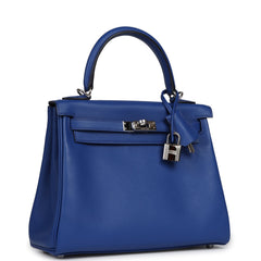 Pre-owned Hermes Kelly Retourne 25 Bleu Royal Swift Palladium Hardware
