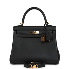 Pre-owned Hermes Kelly Retourne 25 Black Togo Gold Hardware