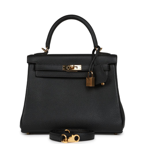 Pre-owned Hermes Kelly Retourne 25 Black Togo Gold Hardware