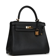 Pre-owned Hermes Kelly Retourne 25 Black Togo Gold Hardware