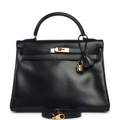 Vintage Hermes Kelly Sellier 32 Bleu Indigo Box Gold Hardware