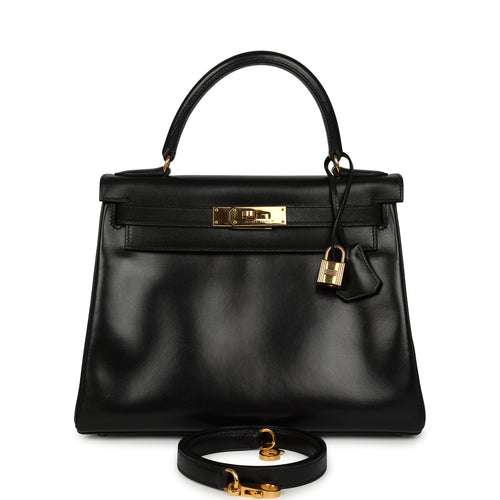 Vintage Hermes Kelly Retourne 28 Black Box Gold Hardware