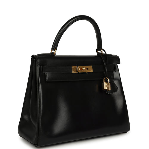 Vintage Hermes Kelly Retourne 28 Black Box Gold Hardware