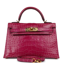 Pre-owned Hermes Kelly Sellier 20 Rose Scheherazade Shiny Alligator Gold Hardware