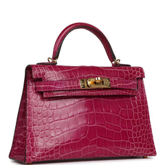 Pre-owned Hermes Kelly Sellier 20 Rose Scheherazade Shiny Alligator Gold Hardware