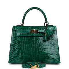 Pre-owned Hermes Kelly Sellier 25 Emerald Shiny Porosus Crocodile Gold Hardware