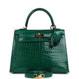 Pre-owned Hermes Kelly Sellier 25 Emerald Shiny Porosus Crocodile Gold Hardware - Thumbnail View 1