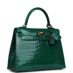 Pre-owned Hermes Kelly Sellier 25 Emerald Shiny Porosus Crocodile Gold Hardware