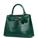 Pre-owned Hermes Kelly Sellier 25 Emerald Shiny Porosus Crocodile Gold Hardware - Thumbnail View 5