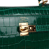 Pre-owned Hermes Kelly Sellier 25 Emerald Shiny Porosus Crocodile Gold Hardware - Thumbnail View 7