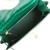 Pre-owned Hermes Kelly Sellier 25 Emerald Shiny Porosus Crocodile Gold Hardware - Thumbnail View 8