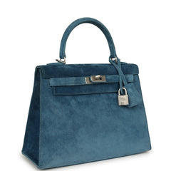 Vintage Hermes Kelly Sellier 25 Bleu Thalassa Doblis Brushed Palladium Hardware