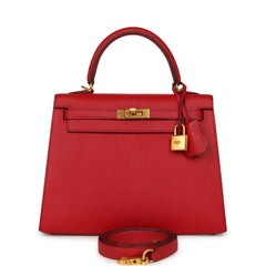 Pre-owned Hermes Special Order (HSS) Kelly Sellier 25 Rouge Casaque Verso Epsom Gold Hardware