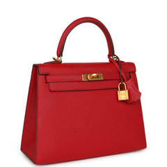 Pre-owned Hermes Special Order (HSS) Kelly Sellier 25 Rouge Casaque Verso Epsom Gold Hardware