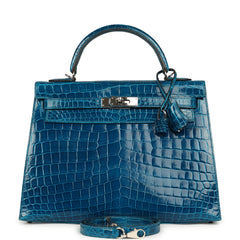 Pre-owned Hermes Kelly Sellier 32 Bleu Izmir Shiny Niloticus Crocodile Palladium Hardware