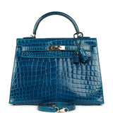 Pre-owned Hermes Kelly Sellier 32 Bleu Izmir Shiny Niloticus Crocodile Palladium Hardware - Thumbnail View 1