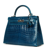 Pre-owned Hermes Kelly Sellier 32 Bleu Izmir Shiny Niloticus Crocodile Palladium Hardware - Thumbnail View 5