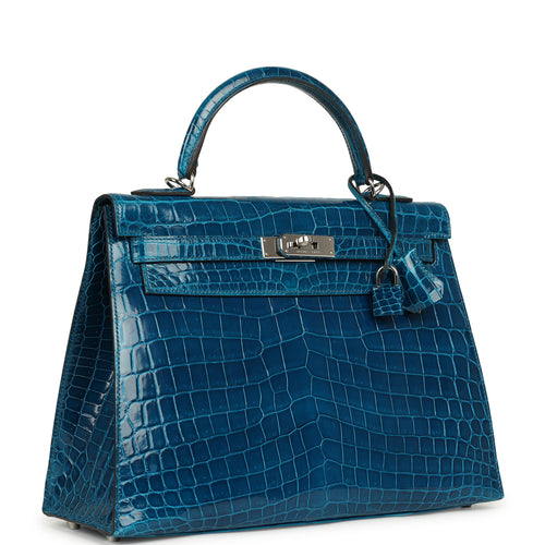 Pre-owned Hermes Kelly Sellier 32 Bleu Izmir Shiny Niloticus Crocodile Palladium Hardware