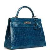 Pre-owned Hermes Kelly Sellier 32 Bleu Izmir Shiny Niloticus Crocodile Palladium Hardware - Thumbnail View 2