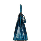 Pre-owned Hermes Kelly Sellier 32 Bleu Izmir Shiny Niloticus Crocodile Palladium Hardware - Thumbnail View 3