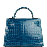 Pre-owned Hermes Kelly Sellier 32 Bleu Izmir Shiny Niloticus Crocodile Palladium Hardware - Thumbnail View 4