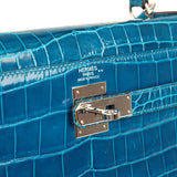 Pre-owned Hermes Kelly Sellier 32 Bleu Izmir Shiny Niloticus Crocodile Palladium Hardware - Thumbnail View 7