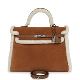 Hermes Teddy Kelly Retourne 35 Chamois, Ecru Shearling, Alezan Swift Palladium Hardware - Thumbnail View 1