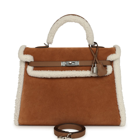 Hermes Teddy Kelly Retourne 35 Chamois, Ecru Shearling, Alezan Swift Palladium Hardware