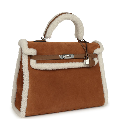 Hermes Teddy Kelly Retourne 35 Chamois, Ecru Shearling, Alezan Swift Palladium Hardware