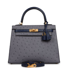 Hermes Special Order (HSS) Kelly Sellier 25 Gris Agate, Bleu Iris Ostrich Brushed Gold Hardware