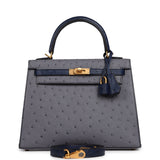 Hermes Special Order (HSS) Kelly Sellier 25 Gris Agate, Bleu Iris Ostrich Brushed Gold Hardware - Thumbnail View 1
