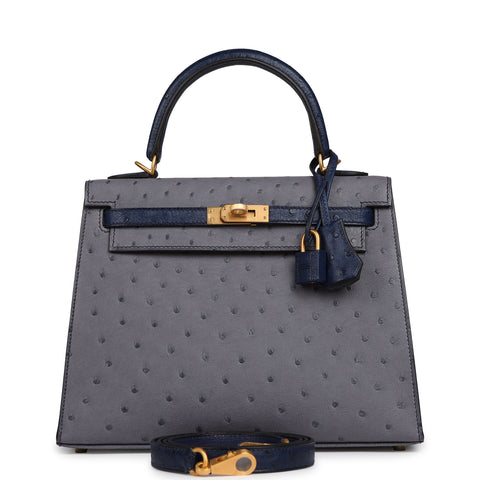 Hermes Special Order (HSS) Kelly Sellier 25 Gris Agate, Bleu Iris Ostrich Brushed Gold Hardware