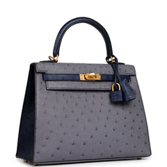 Hermes Special Order (HSS) Kelly Sellier 25 Gris Agate, Bleu Iris Ostrich Brushed Gold Hardware