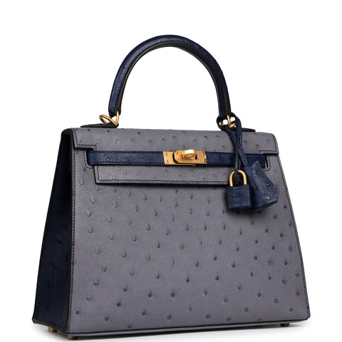 Hermes Special Order (HSS) Kelly Sellier 25 Gris Agate, Bleu Iris Ostrich Brushed Gold Hardware