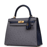 Hermes Special Order (HSS) Kelly Sellier 25 Gris Agate, Bleu Iris Ostrich Brushed Gold Hardware - Thumbnail View 5