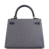 Hermes Special Order (HSS) Kelly Sellier 25 Gris Agate, Bleu Iris Ostrich Brushed Gold Hardware - Thumbnail View 3