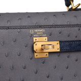 Hermes Special Order (HSS) Kelly Sellier 25 Gris Agate, Bleu Iris Ostrich Brushed Gold Hardware - Thumbnail View 7