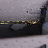 Hermes Special Order (HSS) Kelly Sellier 25 Gris Agate, Bleu Iris Ostrich Brushed Gold Hardware - Thumbnail View 8