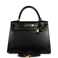 Pre-owned Hermes Kelly Sellier 28 Black Box Gold Hardware