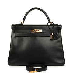 Vintage Hermes Kelly Retourne 32 Black Box Gold Hardware